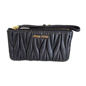 Miu Miu Matelasse Nappa Leather Wristlet Pouch Black Gold Logo Zip Small